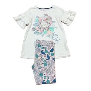 Lulurain White & Pink Short Ruffle Sleeve Top & Floral Legging Outfit Size 7/8